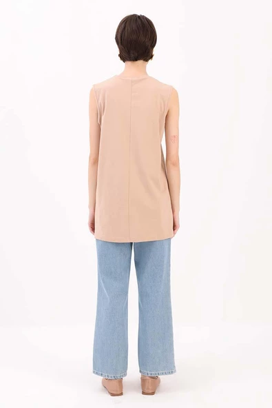 Bej-%100 Pamuk Kolsuz T-Shirt - Resim 4