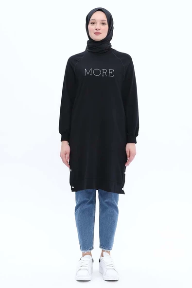 Siyah-Pamuklu Nakışlı Likralı Tunik - Resim 2