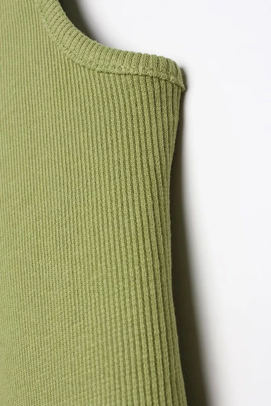 Açık Yeşil-Pamuklu Fitilli Kolsuz T-Shirt - 6