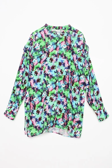 Yeşil-Pembe-Emprime Desenli Fırfırlı Detaylı Gömlek - Resim 6