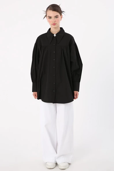 Siyah-Oversize Sivri Yaka Büzgülü Balon Kol Gömlek - Resim 2