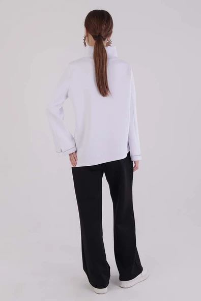 Beyaz-Dik Yaka Kolu Yırtmaçlı Likralı Scuba Bluz - Resim 4