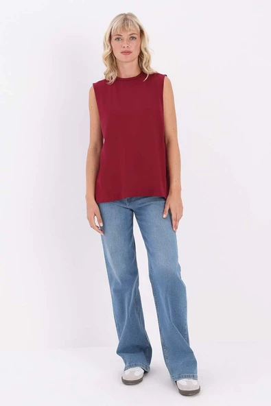 Mürdüm-Bisiklet Yaka Kolsuz Pamuklu T-Shirt - Resim 2