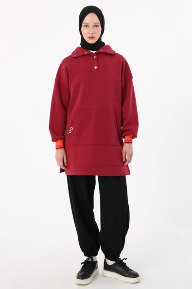 Bordo-Çıtçıt Yakalı Ribana Detaylı Şardonlu Sweat - 2