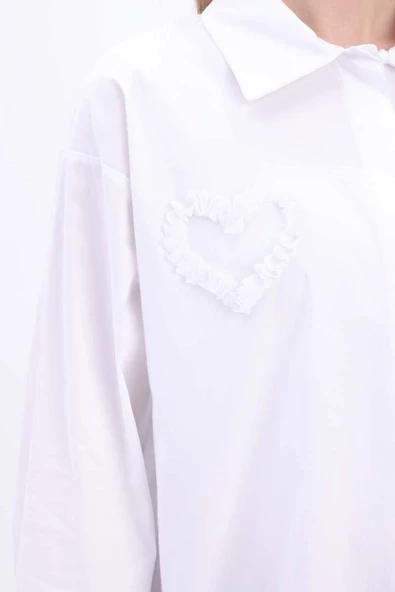 Beyaz-%100 Pamuklu Kalpli Gömlek Tunik - Resim 6