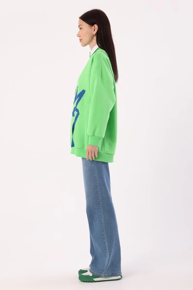 Neon Yeşil-Oversize Şardonlu Şerit Detaylı Sweatshirt - Resim 3