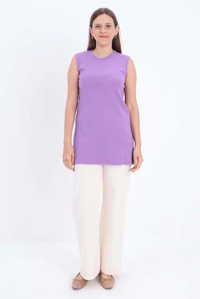 Mor-Pamuklu Fitilli Kolsuz T-Shirt - Resim 2