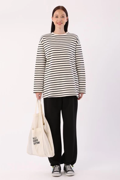 Ekru-Siyah-Çizgili Oversize Sweat - 2
