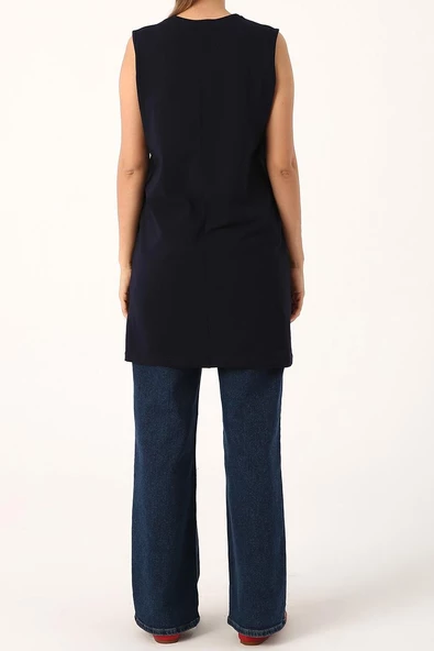 Lacivert-Yaka Biyeli Kolsuz Likralı T-shirt - Resim 3