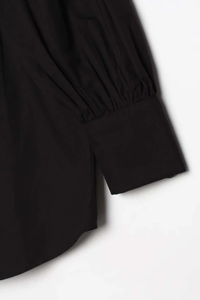 Siyah-Oversize Sivri Yaka Büzgülü Balon Kol Gömlek - Resim 6