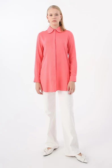 Pembe-Viskon Yaka Detaylı Şık Düğmeli Gömlek Tunik ürün görseli