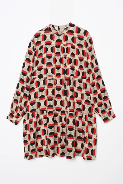 Ekru-Kırmızı-Dik Yaka Beli Büzgü Detaylı Desenli Tunik - Resim 7