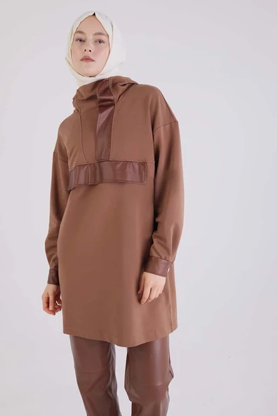 Kahve-Deri Garnili Kapüşonlu Sweat Tunik - 5