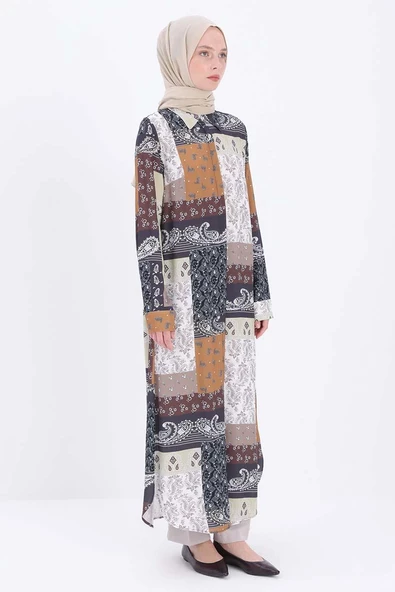 Kahve-Beyaz-Desenli Gömlek Tunik - Resim 3