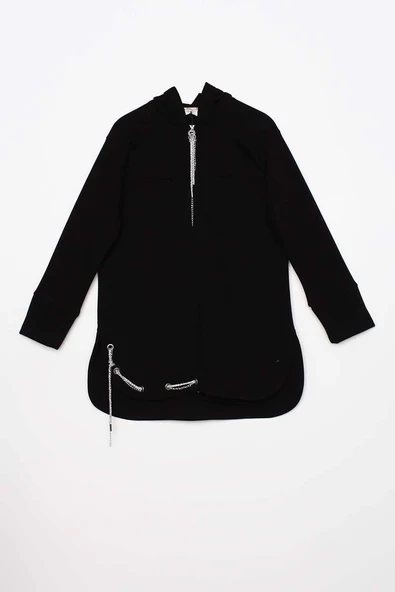 Siyah-Kapüşonlu Zincirli Sim Detaylı Şardonlu Sweat - Resim 7