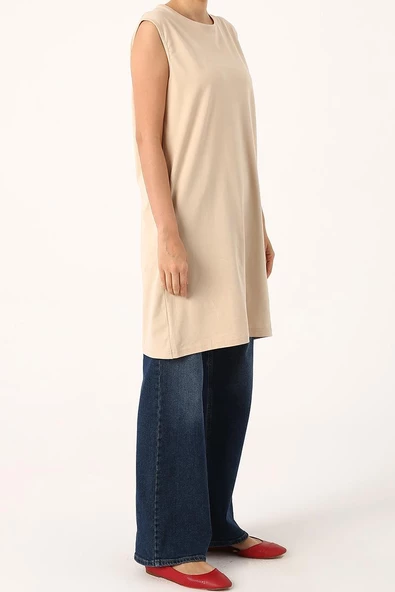 Bej-Yaka Biyeli Kolsuz Likralı T-shirt - Resim 2