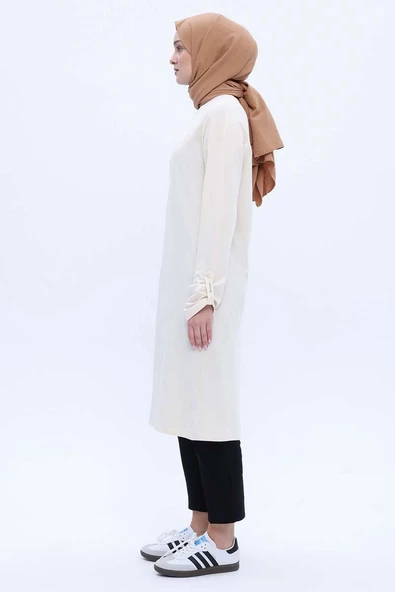 Kemik-Pamuklu Arkadan Yırtmaçlı Apoletli Likralı Tunik - Resim 3