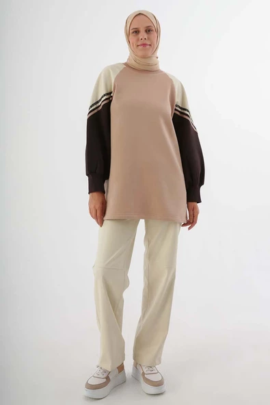 Bej-Şardonlu Deri Garnili Şeritli Sweat - Resim 2