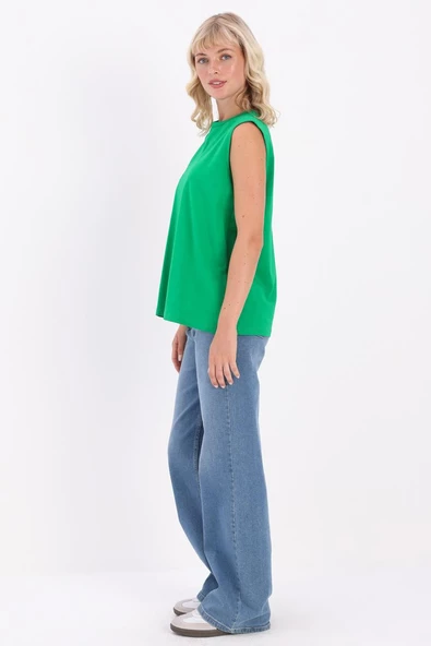 Benetton Yeşili-Bisiklet Yaka Kolsuz Pamuklu T-Shirt - 3