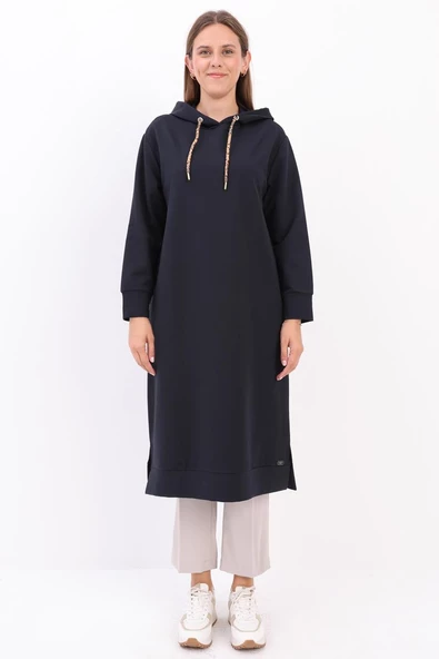 Lacivert-Leopar Bağcıklı Kapüşonlu Rahat Tunik - Resim 2