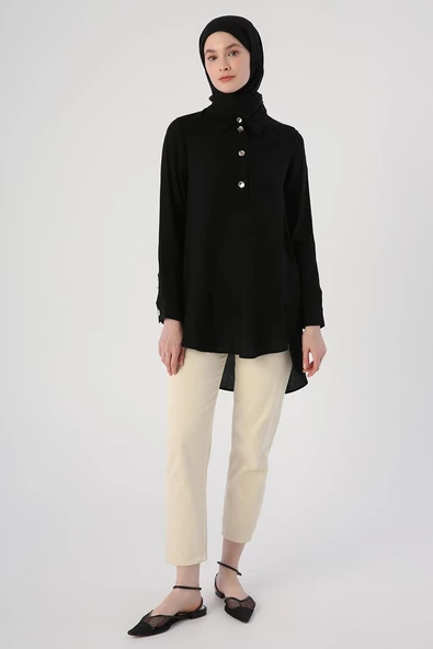 Siyah-Gömlek Yaka Yarım Patlı Yırtmaçlı Arkası Uzun Tunik - Resim 2