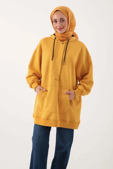 Hardal-Oversize Kapüşonlu Kanguru Cepli Sweat - 4