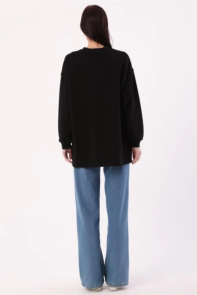 Siyah-Oversize Nakışlı Sweat - Resim 4