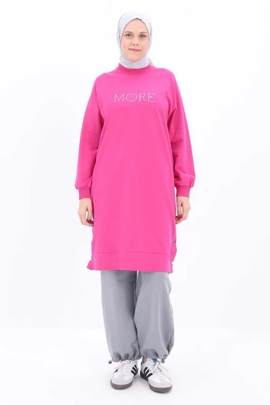 Fuşya-Pamuklu Nakışlı Sweat Tunik - 2