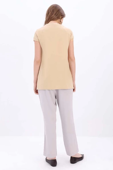 Bej-Püskül Detaylı Kısa Kollu Likralı T-Shirt - Resim 3