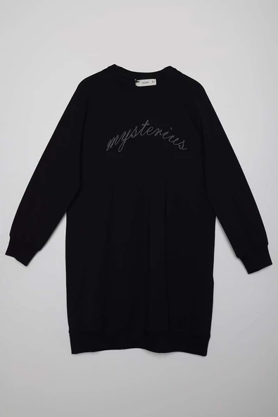 Siyah-Pamuklu Reglan Kol Zincir Nakışlı Sweat Tunik - 7