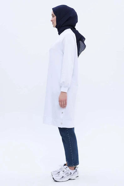 Beyaz-Pamuklu Nakışlı Likralı Tunik - Resim 3