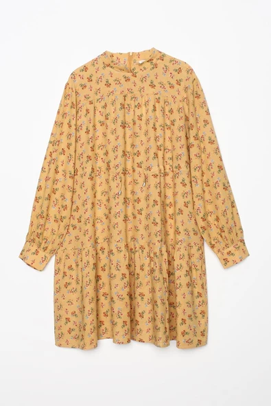 Sarı-Kırmızı-Dik Yaka Beli Büzgü Detaylı Desenli Tunik - Resim 6