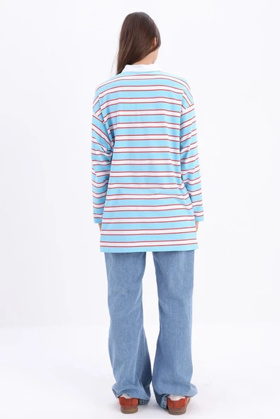 Mavi-Kırmızı-Pamuklu Çizgili Likralı Sweat - Resim 4