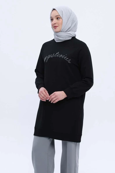 Siyah-Pamuklu Reglan Kol Zincir Nakışlı Sweat Tunik - 5