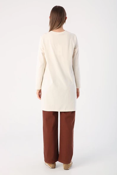 Ekru-Basic Pamuklu Süprem Sweat Tunik - Resim 3