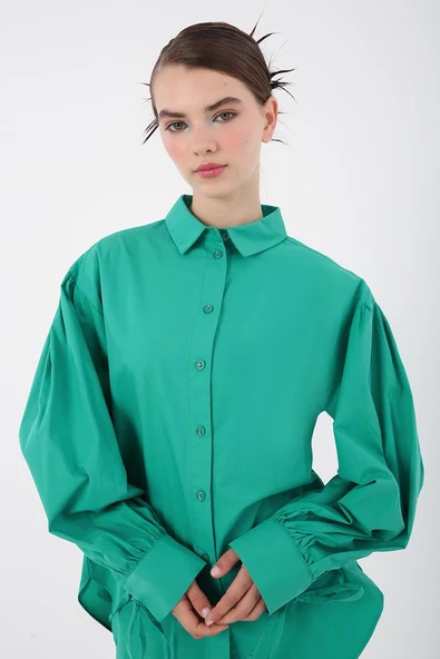 Zümrüt-%100 Pamuk Kolları Bağlama Detaylı Gömlek - Resim 6