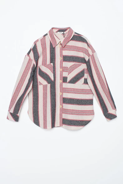 Siyah-Kırmızı-Pamuklu Çizgili Cepli Yanları Yırtmaçlı Gömlek - Resim 7