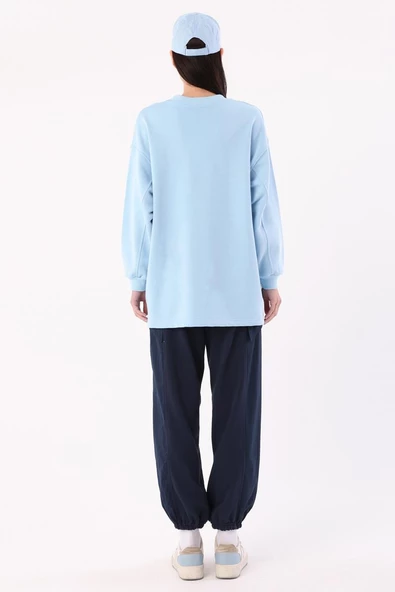 Açık Mavi-Oversize Nakışlı Sweat - 4