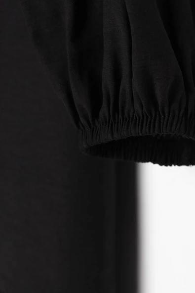 Siyah-Büzgülü Fiyonk Detaylı Arkası Düğmeli Salaş Tunik - Resim 6