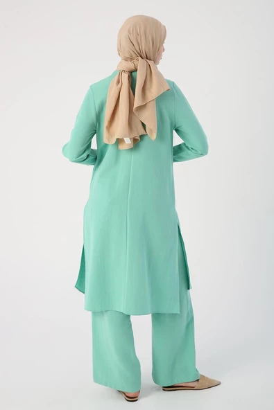 Soft Yeşil-Dik Yaka Önden Yırtmaçlı Viskon Keten Tunik - 4
