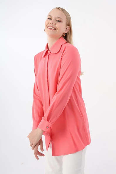 Pembe-Viskon Yaka Detaylı Şık Düğmeli Gömlek Tunik - Resim 5