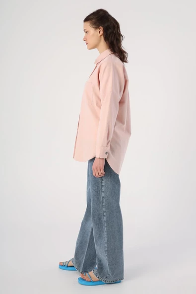 Açık Pembe-%100 Pamuk Oversize Cepli Gömlek Tunik - Resim 3