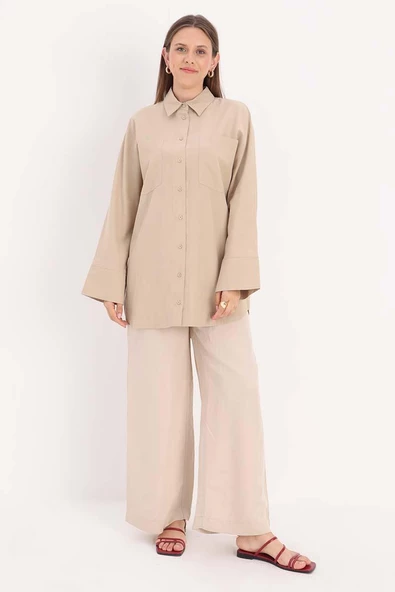 Bej-Düğmeli Cepli Gömlek Tunik - Resim 2