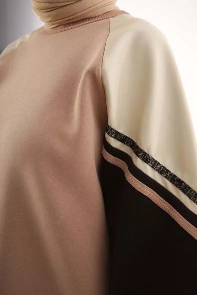 Bej-Şardonlu Deri Garnili Şeritli Sweat - Resim 5