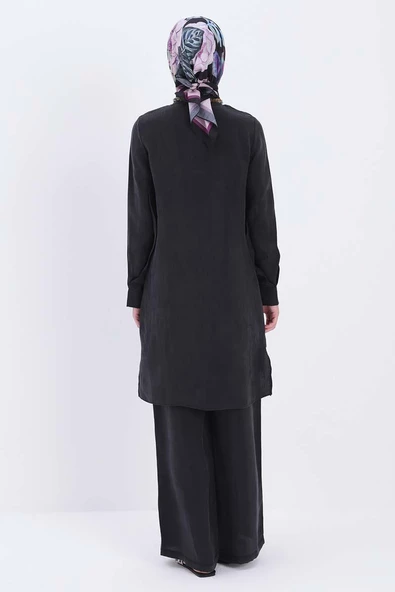 Siyah-Dik Yakalı Kolu Pileli Gömlek Tunik - Resim 3