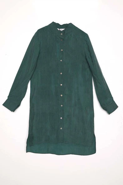 Zümrüt-Dik Yakalı Kolu Pileli Gömlek Tunik - Resim 7