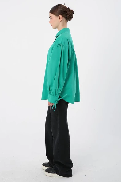 Zümrüt-%100 Pamuk Kolları Bağlama Detaylı Gömlek - Resim 3