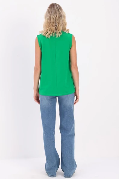 Benetton Yeşili-Bisiklet Yaka Kolsuz Pamuklu T-Shirt - 4