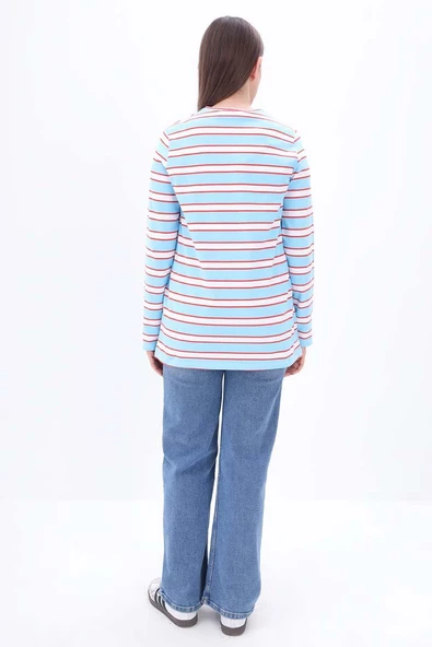 Mavi-Kırmızı-Pamuklu Çizgili Tshirt Tunik - 4