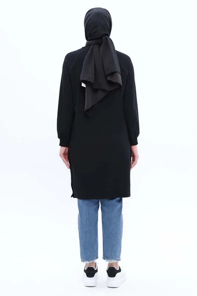 Siyah-Pamuklu Nakışlı Likralı Tunik - Resim 4